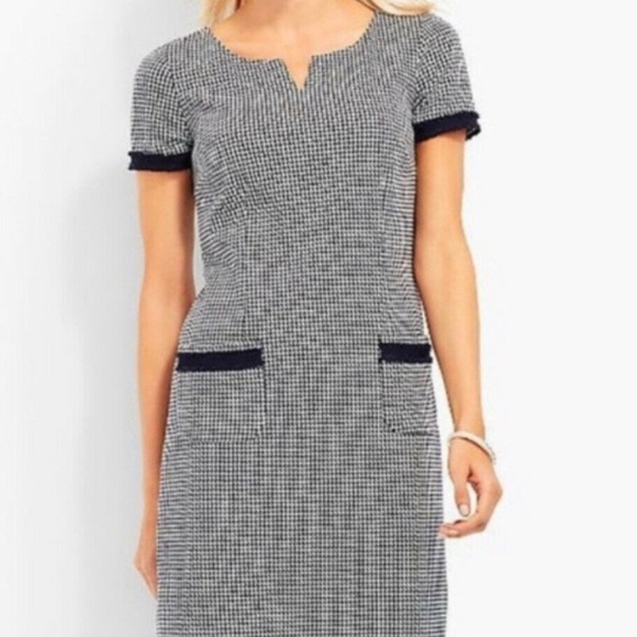 Talbots Dresses & Skirts - NWT Talbots Women's Houndstooth Navy Split Neck Fringe Trim Sheath Dress Sz. 16P